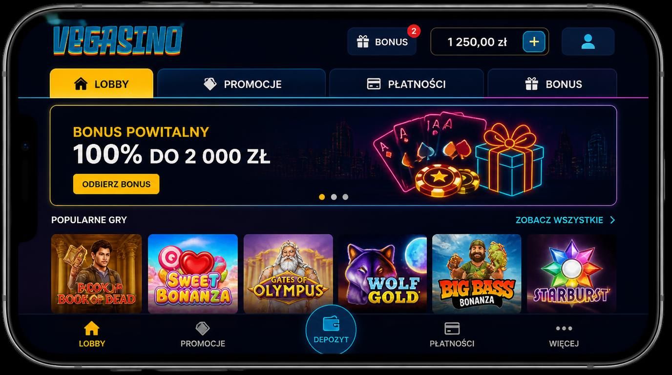 Widok aplikacji Vegasino pokazujący bonus, płatności i lobby