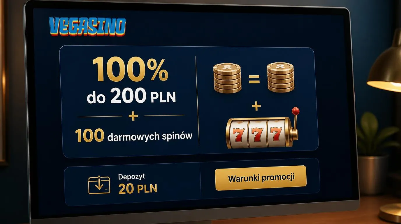 Panel bonusu powitalnego z ofertą 100% do 200 PLN, 100 darmowych spinów i minimalnym depozytem 20 PLN