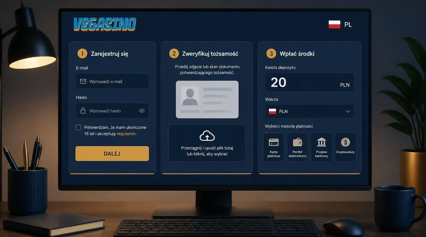Panel konta z formularzem rejestracji, przesyłaniem dokumentu i pierwszą wpłatą 20 PLN