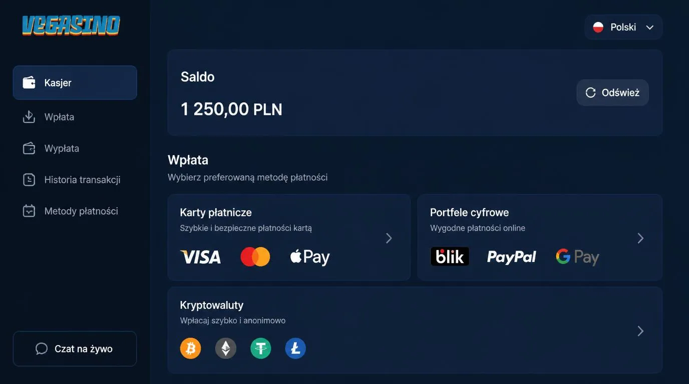 Panel kasjera z kartami, portfelami elektronicznymi, kryptowalutami i statusem wypłaty w PLN